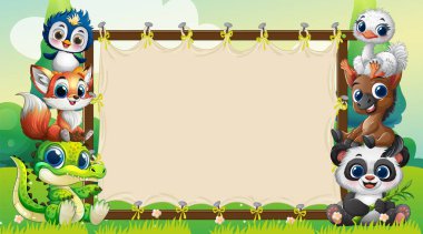 Boş bir tahta levhayı çevreleyen sevimli hayvanlar.