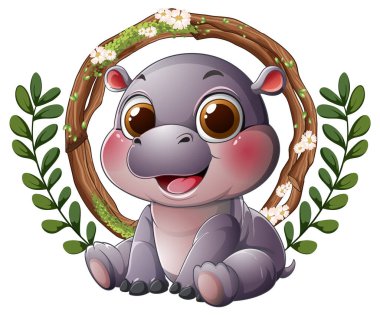 Çiçekler ve yapraklarla çevrili şirin su aygırı.