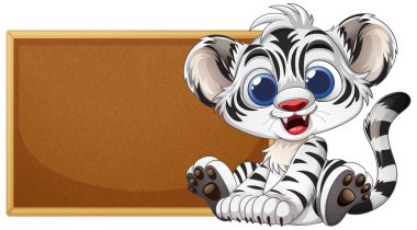 Sevimli kaplan yavrusu boş bir tabelanın yanında oturuyor.