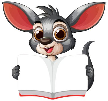 Sevimli yaratık açık bir kitap tutuyor, mutlu bir şekilde gülümsüyor.