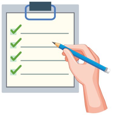 El ele tutuşan kalem, panodaki kontrol listesi işaretleniyor