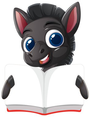 Sevimli eşek karakteri açık bir kitap tutuyor.