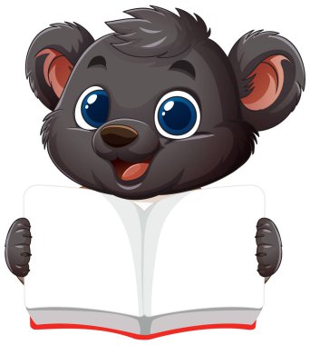 Sevimli ayı açık bir kitap tutuyor, mutlu bir şekilde gülümsüyor.