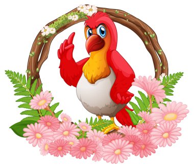 Çiçek açan bir çelengin içinde duran mutlu kırmızı kuş.