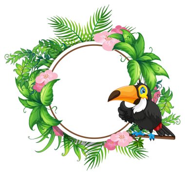 Tropik çiçekli ve yemyeşil yapraklı bir Tukan kuşu tasviri