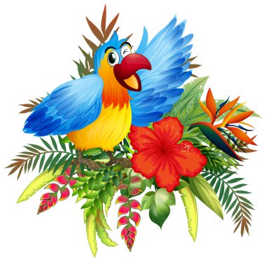 Bereketli tropikal çiçekler ve yeşil yapraklar arasında tünemiş canlı bir kuş.