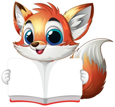 Sevimli tilki karakteri açık bir kitap tutuyor.