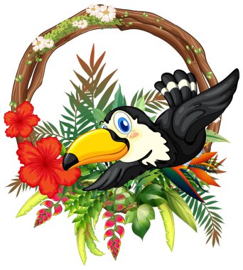 Canlı tropikal çiçeklerin arasında uçan neşeli bir kuş tasviri