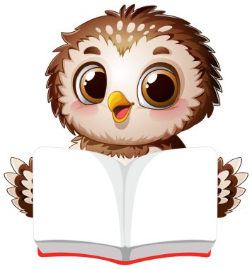 Sevimli baykuş açık bir kitap tutuyor, öğrenmeye hevesli.