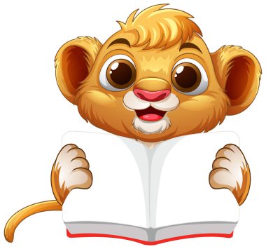 Sevimli aslan yavrusu açık bir kitap tutuyor.