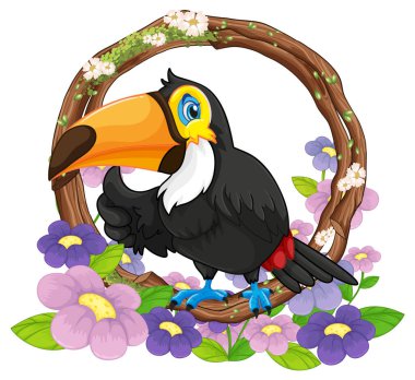 Çiçekler ve ahşap çelenklerle çevrili renkli tukan kuşu.