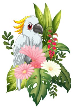 Renkli egzotik çiçeklerle çevrili tropikal bir kuş tasviri