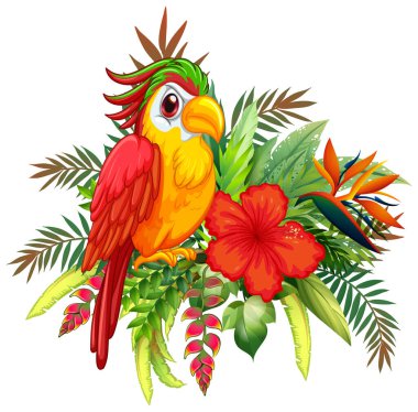 Canlı papağan, yemyeşil tropikal çiçekler ve yeşil yaprakların arasına tünemiş.