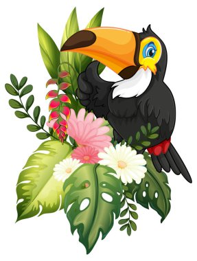 Canlı tropik çiçekler ve yaprakların arasına tünemiş renkli tukan kuşu.