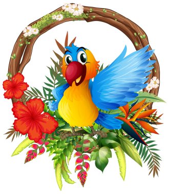 Tropikal çiçekler ve bitkilerle çevrili canlı bir kuş tasviri