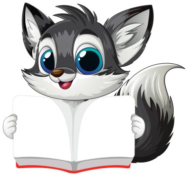 Sevimli tilki karakteri açık bir kitap tutuyor.