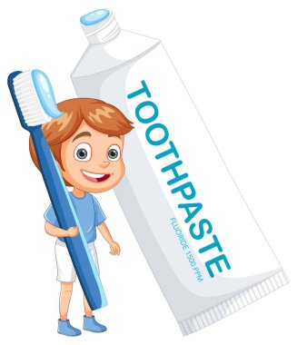 Elinde diş fırçası ve diş macunu tutan gülümseyen çocuk.