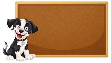 Kahverengi bir karatahtanın yanında neşeli bir köpek