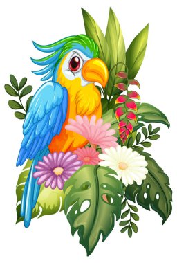 Etrafı yemyeşil tropikal çiçekler ve yeşil yapraklarla çevrili canlı bir papağan.