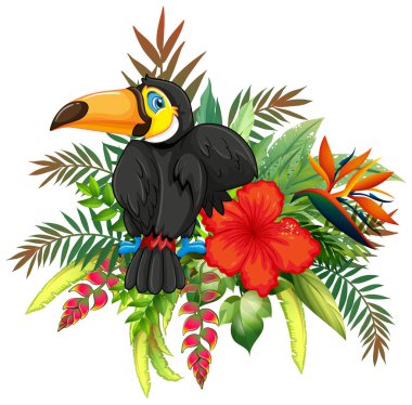 Canlı tropik çiçekler ve yemyeşil yapraklar arasında tünemiş renkli bir tukan.