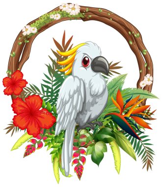 Canlı egzotik çiçeklerle çevrili tropikal bir kuş tasviri