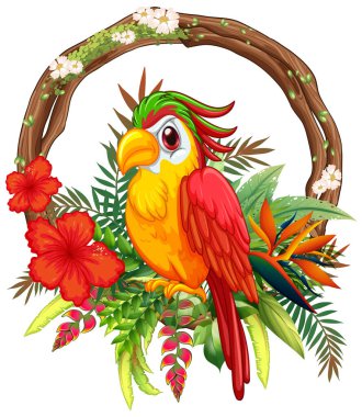 Tropikal çiçekler ve yemyeşil yapraklarla çevrili canlı bir papağan.