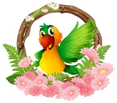 Pembe çiçekler ve dallarla çerçevelenmiş mutlu yeşil ve sarı kuş