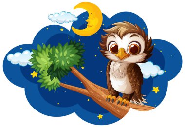 Sevimli baykuş Hilal ayının altında tünemiş