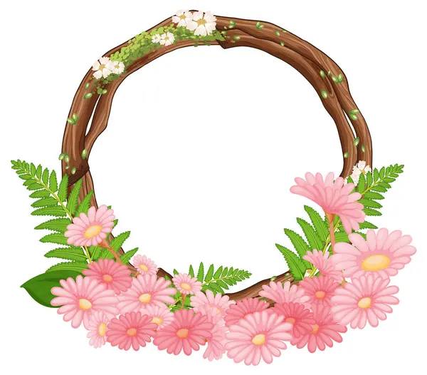 Pembe çiçekler, eğrelti otları ve tahta dallarla süslenmiş dairesel çelenkler.