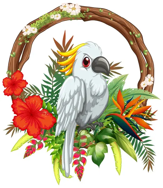 Canlı egzotik çiçeklerle çevrili tropikal bir kuş tasviri