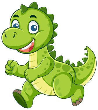 Neşeli yeşil dinozor, canlı bir çizgi film tarzında arkadaşça bir ifadeyle, çocuk medyası ve eğitim materyalleri için mükemmel.