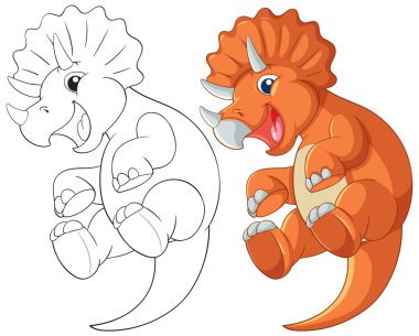 Canlı renklerde sevimli triceratops ve neşeli bir ifade. Eğitim materyalleri için mükemmel olan ana hatları ve renkli sürümleri içerir