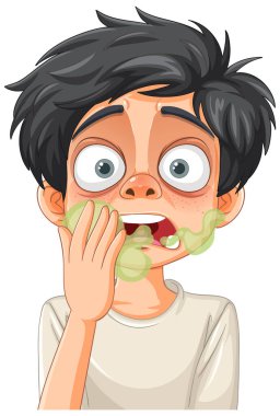 Çizgi filmci çocuk yeşil kokuyla ağzını kapatıyor.