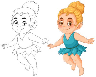 Sarı saçlı, deniz mavisi elbisesi giyen sevimli bir çocuğun temsili temsili resmi. Renkli ve özet sürümleri içerir