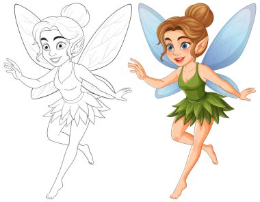 Canlı renkler ve taslak tarzıyla neşeli bir peri. Hassas kanatları ve neşeli bir duruşu var.