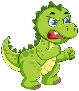 Kızgın bir ifadeyle yeşil karikatür dinozoru, cesur çizgiler ve canlı renkler. Çocuk medyası ve eğitim materyalleri için ideal