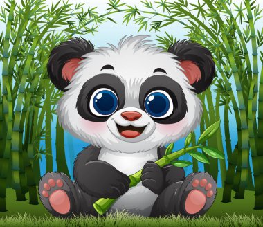 Yeşilliklerin arasında bambu tutan sevimli panda.