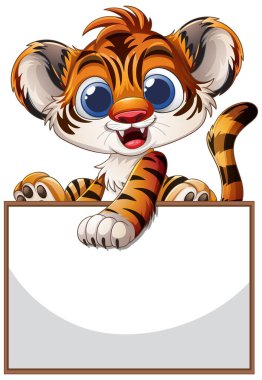 Sevimli kaplan yavrusu elinde boş bir işaret tutuyor.