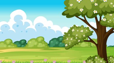 Ağaçlarla ve açık gökyüzüyle huzurlu bir manzara.