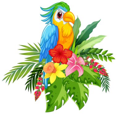 Etrafı yemyeşil tropikal çiçekler ve yeşil yapraklarla çevrili canlı bir papağan.