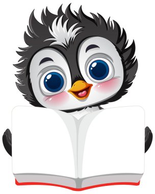Sevimli penguen açık bir kitap tutuyor, mutlu bir şekilde gülümsüyor.