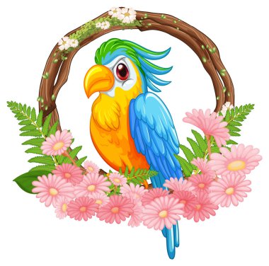 Canlı bir kuş dekoratif bir çiçek ve dal çiziminin içine tünemiş.