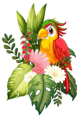 Canlı papağan yemyeşil yapraklar ve tropik çiçekler arasında tünemiş.