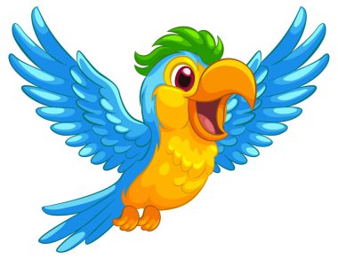 Parlak renkleri ve dinamik kompozisyonu olan neşeli bir papağanın canlı vektör çizimi, neşeli doğasını vurguluyor.