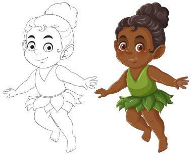 Bir perinin iki şekli vardır: renkli ve özet çizilmiş. Canlı renkler, neşeli pozlar ve detaylı tasarım.