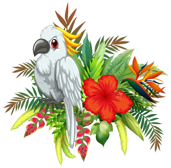 Canlı egzotik çiçekler ve yapraklarla çevrili tropikal kuşun tasviri