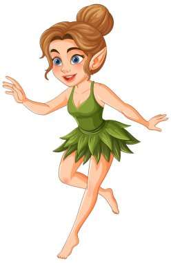Yeşil yapraklı elbisesi ve çörek gibi saçı olan sevimli bir peri. Canlı renkler ve kaprisli tarz büyülü temayı güçlendirir