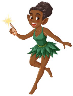 Parlayan parmak uçlarıyla yeşil elbiseli tuhaf bir peri, canlı renkler ve neşeli kompozisyon sergiliyor.