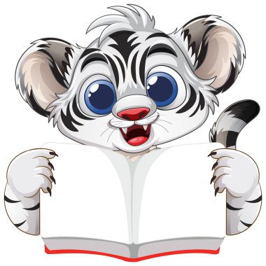 Sevimli kaplan yavrusu açık bir kitap tutuyor.