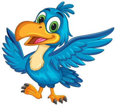 Parlak mavi tüyleri ve anlamlı gözleri olan neşeli bir boynuz gagasının renkli vektör çizimi, çocuk medyası için mükemmel.